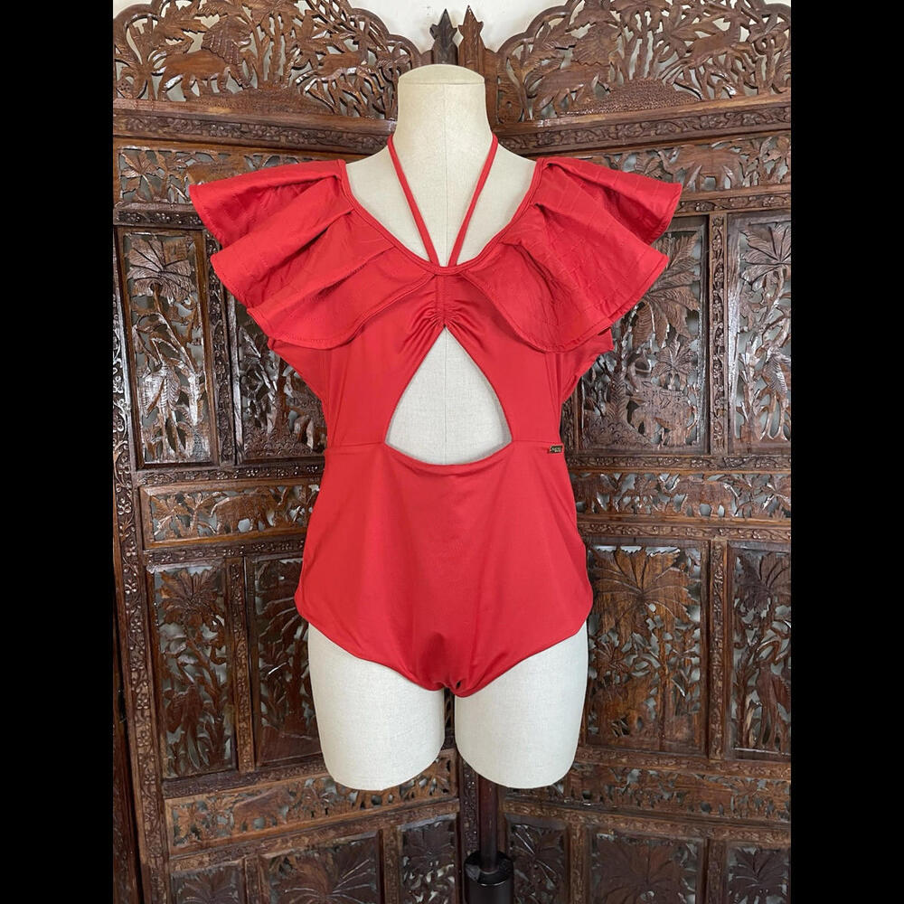 Bikini Columbia Red One Piece Ruffle Peekaboo Swimsuit Holiday Resort Size XL